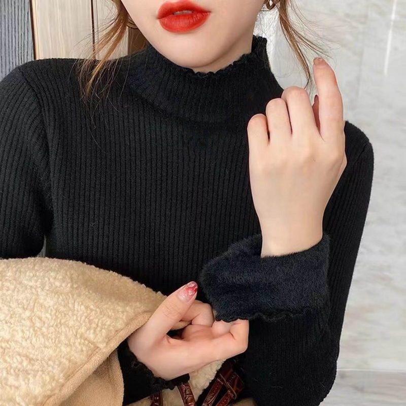 Blusa Peluciada Canelada com Gola Alta
