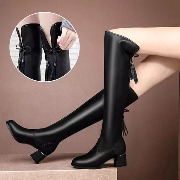 Bota de couro elástica aveludada, doce e confortável