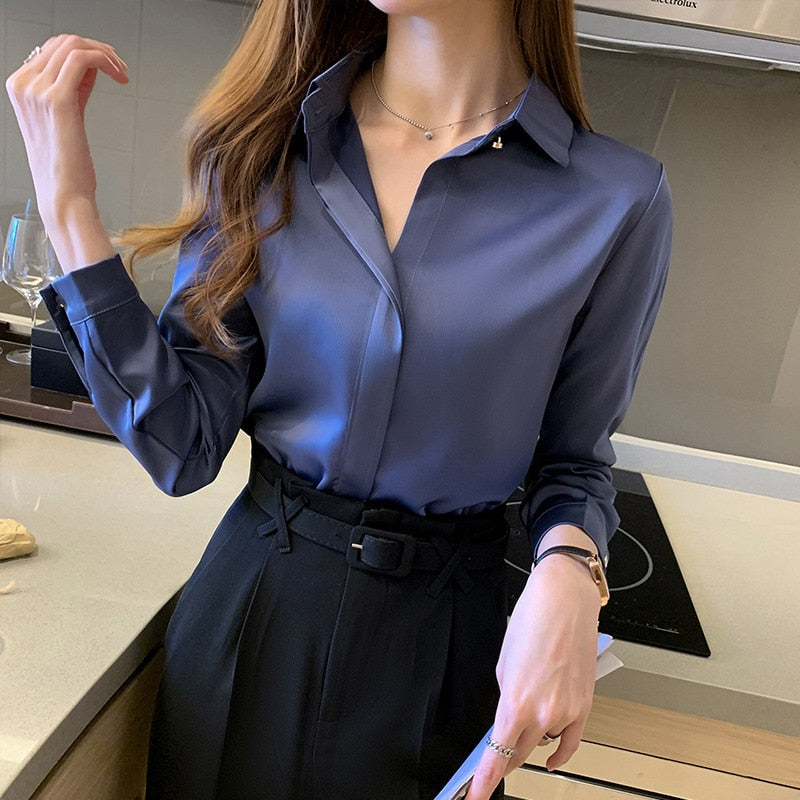 Camisa Feminina Branca Manga Longa de Seda