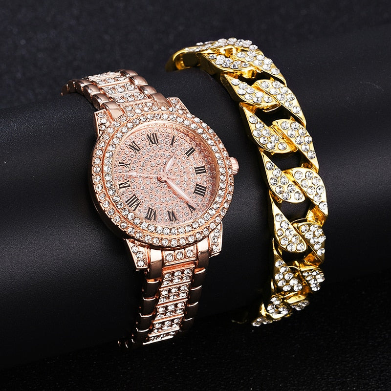 Relógio Feminino + Pulseira com Brilhantes