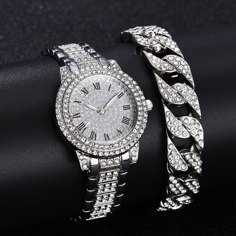 Relógio Feminino + Pulseira com Brilhantes