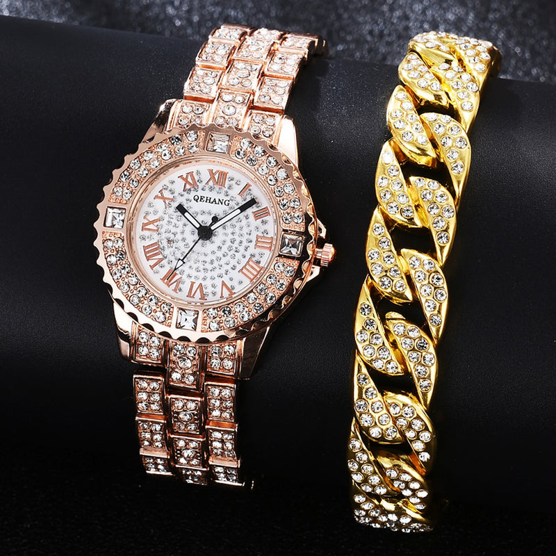 Relógio Feminino + Pulseira com Brilhantes