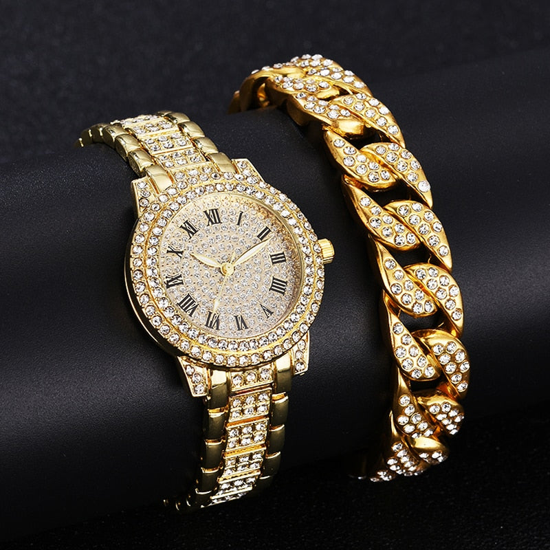 Relógio Feminino + Pulseira com Brilhantes